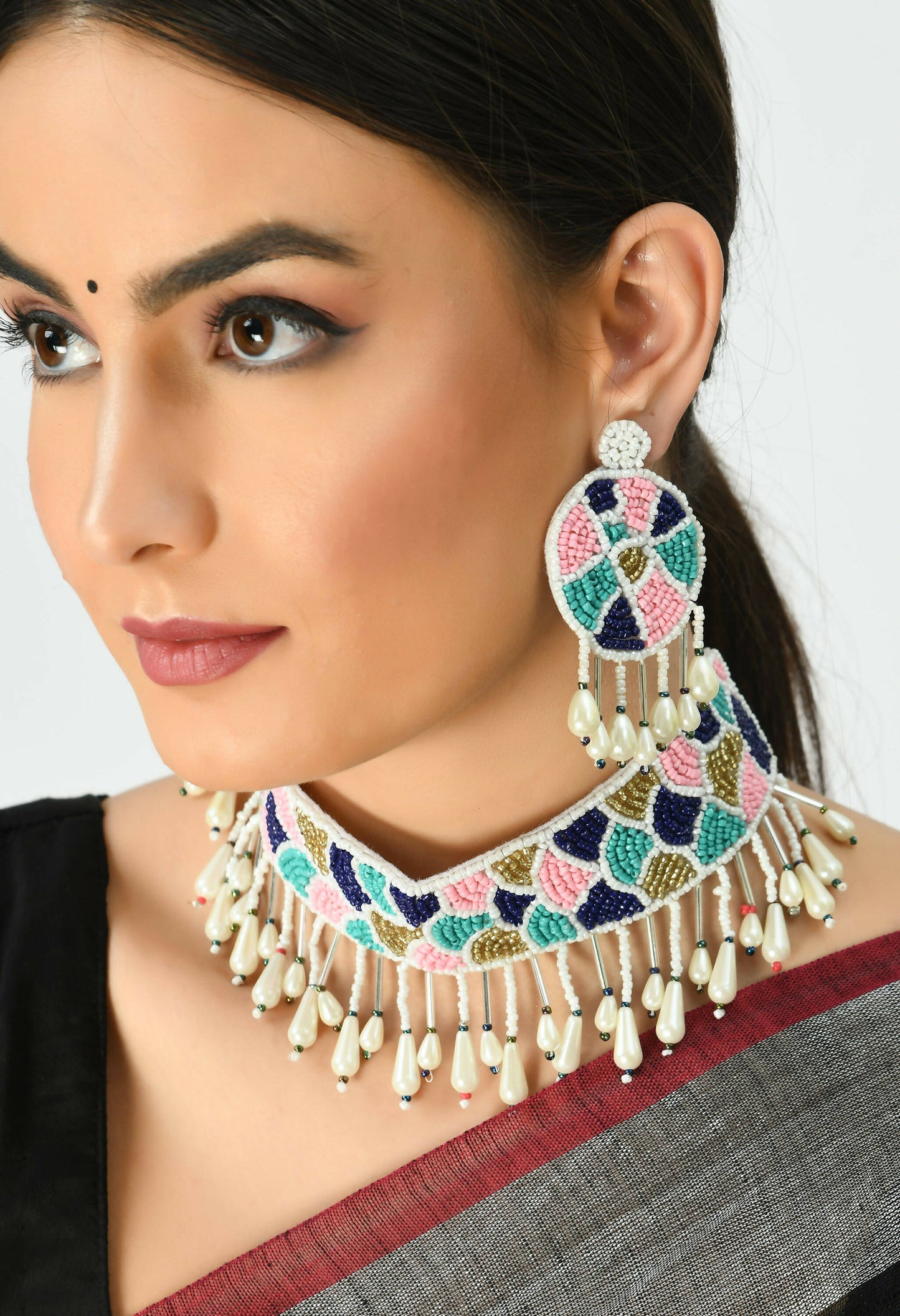 Mominos Fashion Johar Kamal Handicraft Multi Pearls Necklace with Earrings For Women