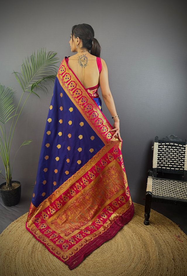 Elora Royal Blue Soft Silk Butti Zari Weaving Contrast Pallu Banarasi Saree