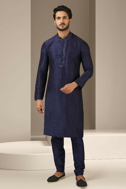 Raivat Ethnic Banarasi Art Silk Mirror Work Kurta Pajama In Navy Blue Colour