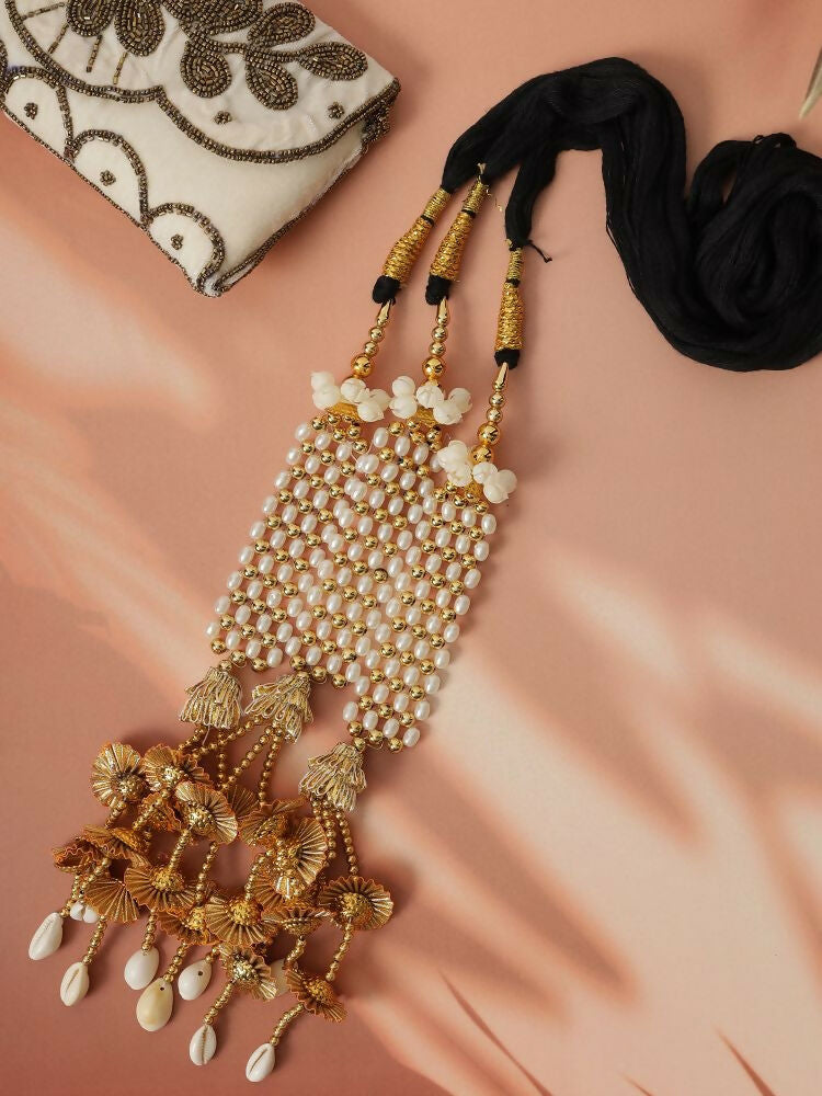 Ruby Raang Gold Gota Pati Work And Threads With Pearrls And Black Thread And Shells