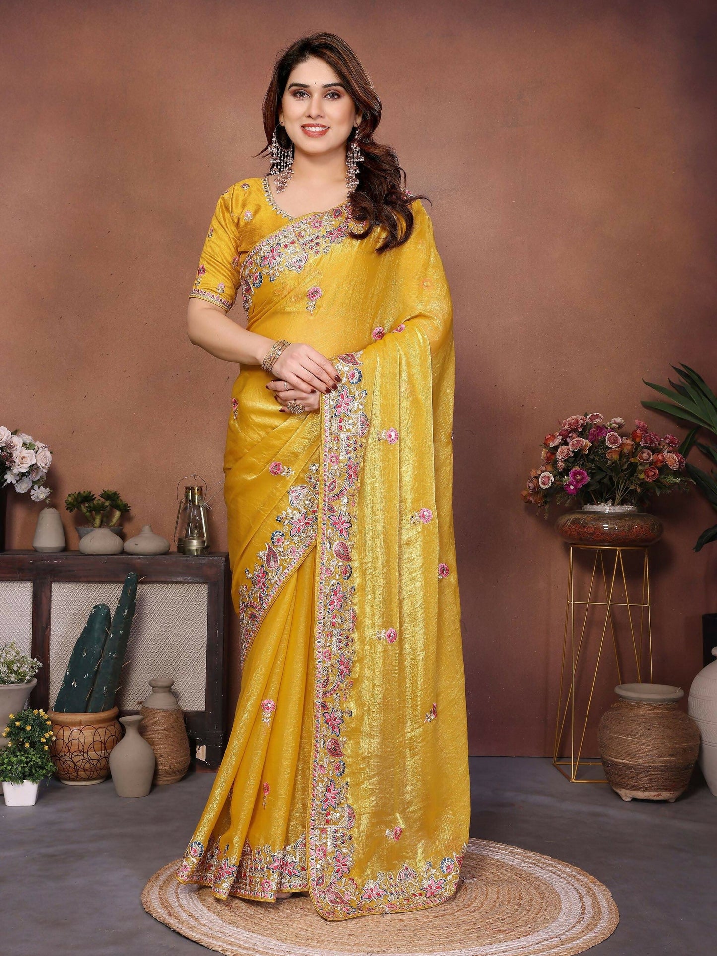 Teeya Creation New Womens Latest Party Wear Soft Chiffon Silk Saree-Yellow