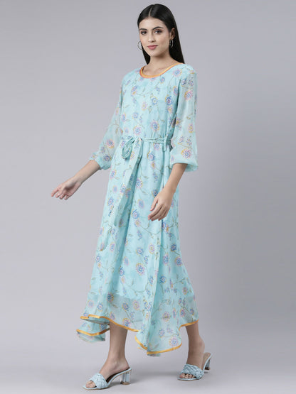 Souchii Blue Floral Chiffon Maxi Dress For Women – Souchii