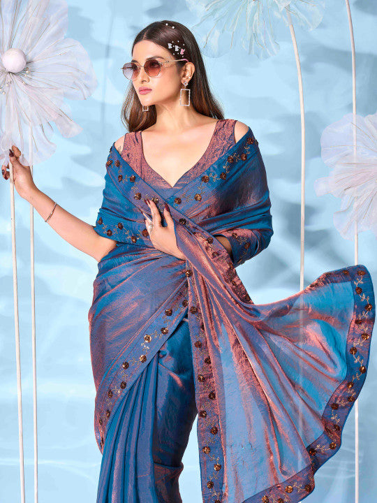 Tikhi Imli Embellished Satin Two Toned Saree With swaroski Border and sequinned butta