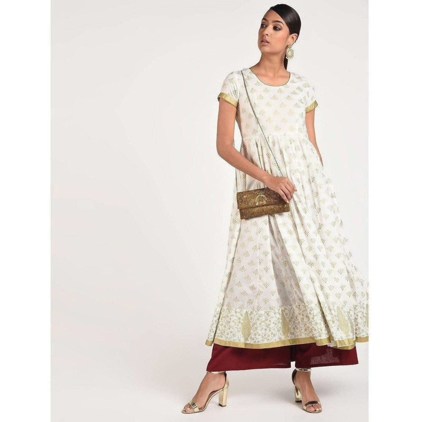 Cheera Women's Beautiful Gold Print Back Dori Latkan Anarkali Kurta (CH040K)