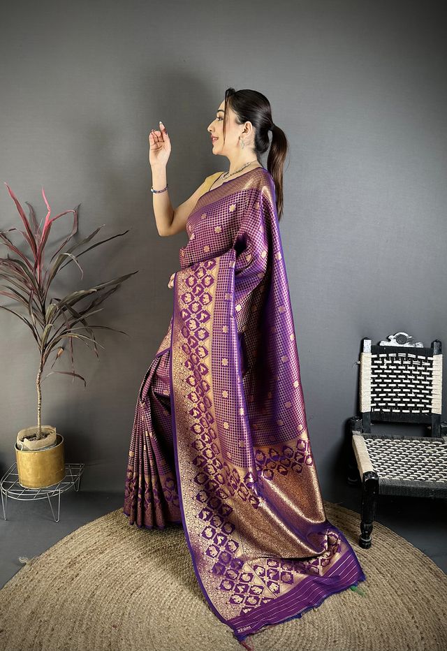 Elora Purple Banarasi Soft Silk Checked Body With Floral Motifs South Pattu Saree