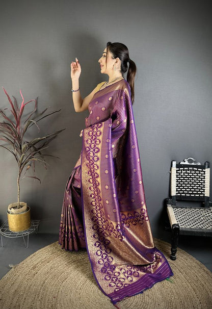 Elora Purple Banarasi Soft Silk Checked Body With Floral Motifs South Pattu Saree