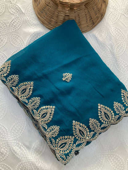 Teeya Creation New Trendy Party Wear Soft Satin Chiffon Saree-Teal