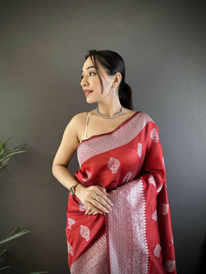 Joban Fashion Maroon Floral Motifs Soft Silk Banarasi Saree