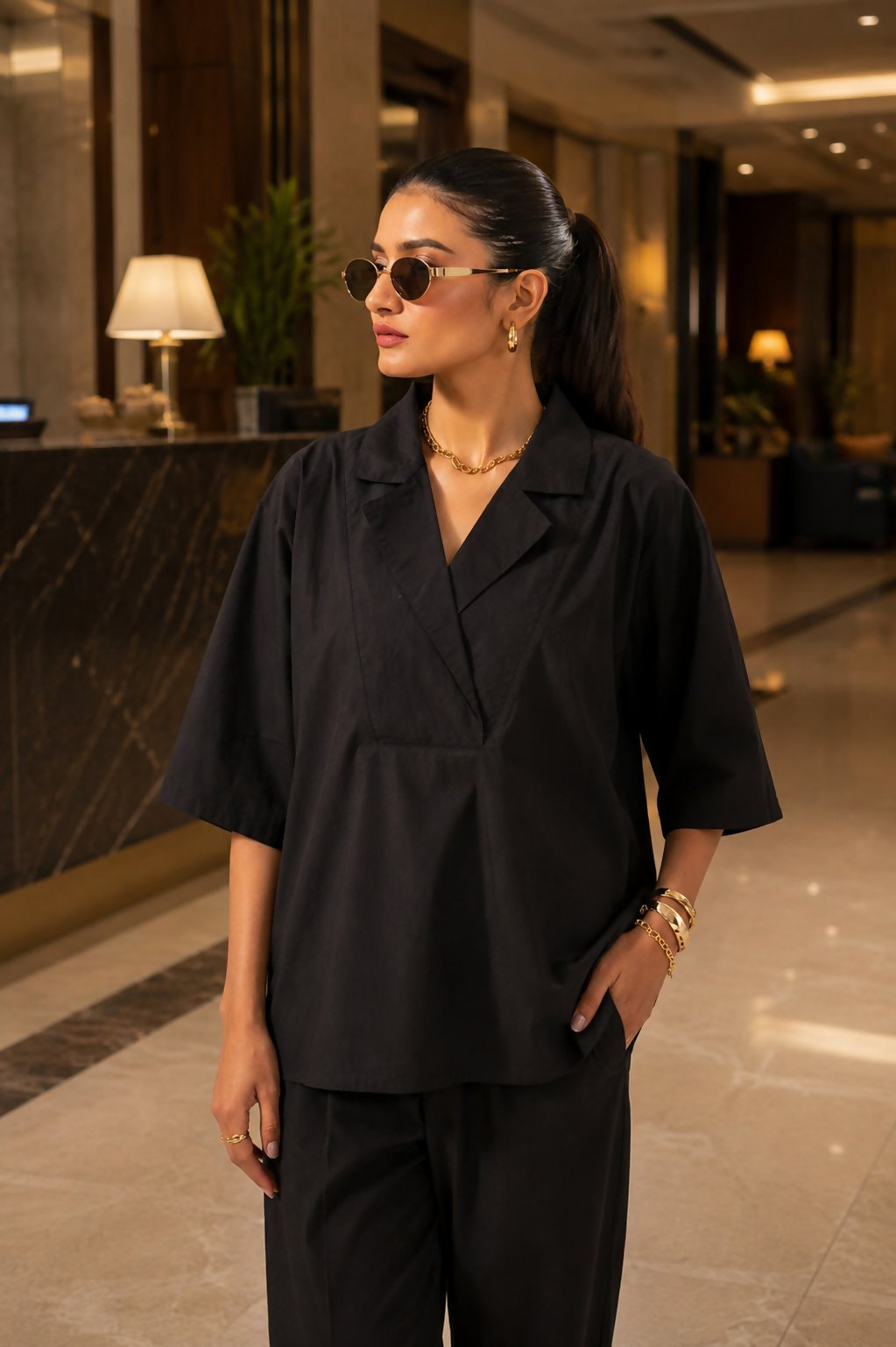 Aayaa Designer Pure Cotton Cord Set-Black