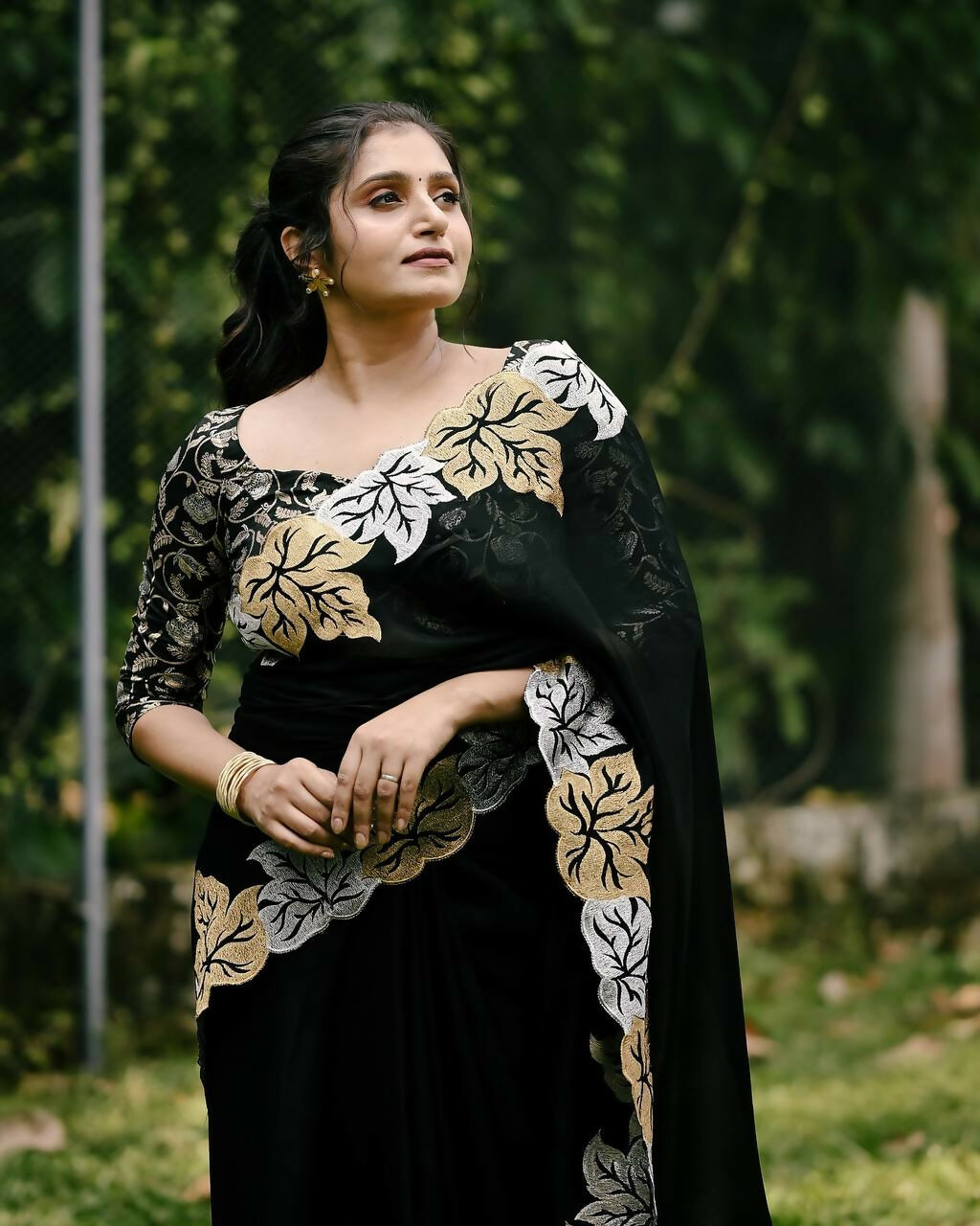 Vastranavya Satin Chiffon Silk Beautiful Designer Zari Thread Embroidery work of Leaf Design with Cutwork Border Saree with Blouse Material - Black