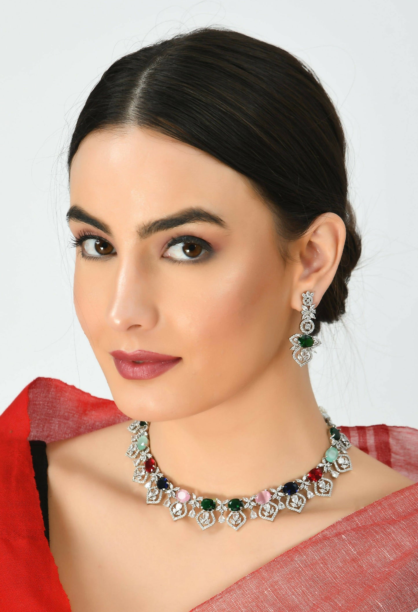 Mominos Fashion Johar Kamal Silver-Plated American Diamond Multi Colour Choker Set