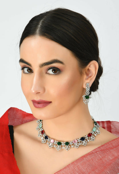 Mominos Fashion Johar Kamal Silver-Plated American Diamond Multi Colour Choker Set