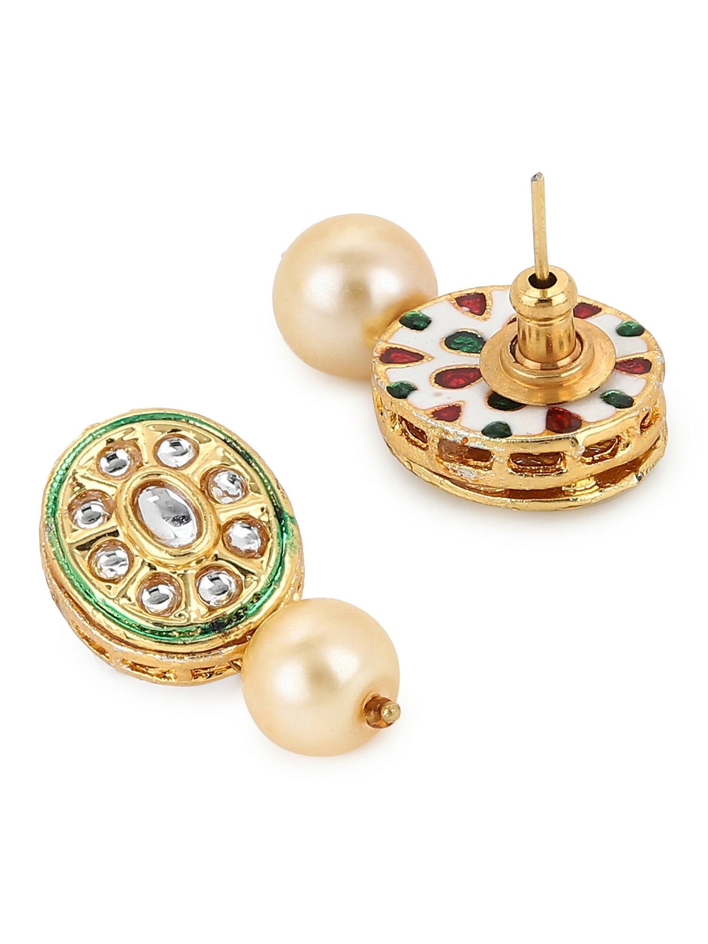 Gold-Toned White Kundan Oval-Shape Gold-Polished Studs Earrings - Ruby Raang