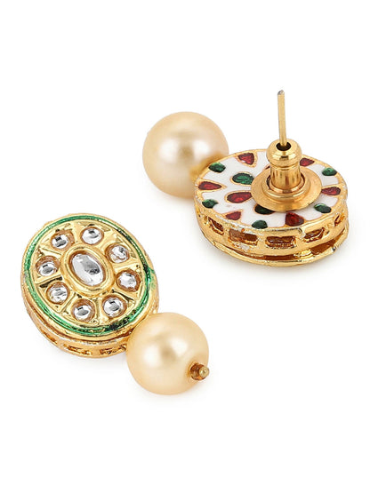 Gold-Toned White Kundan Oval-Shape Gold-Polished Studs Earrings - Ruby Raang