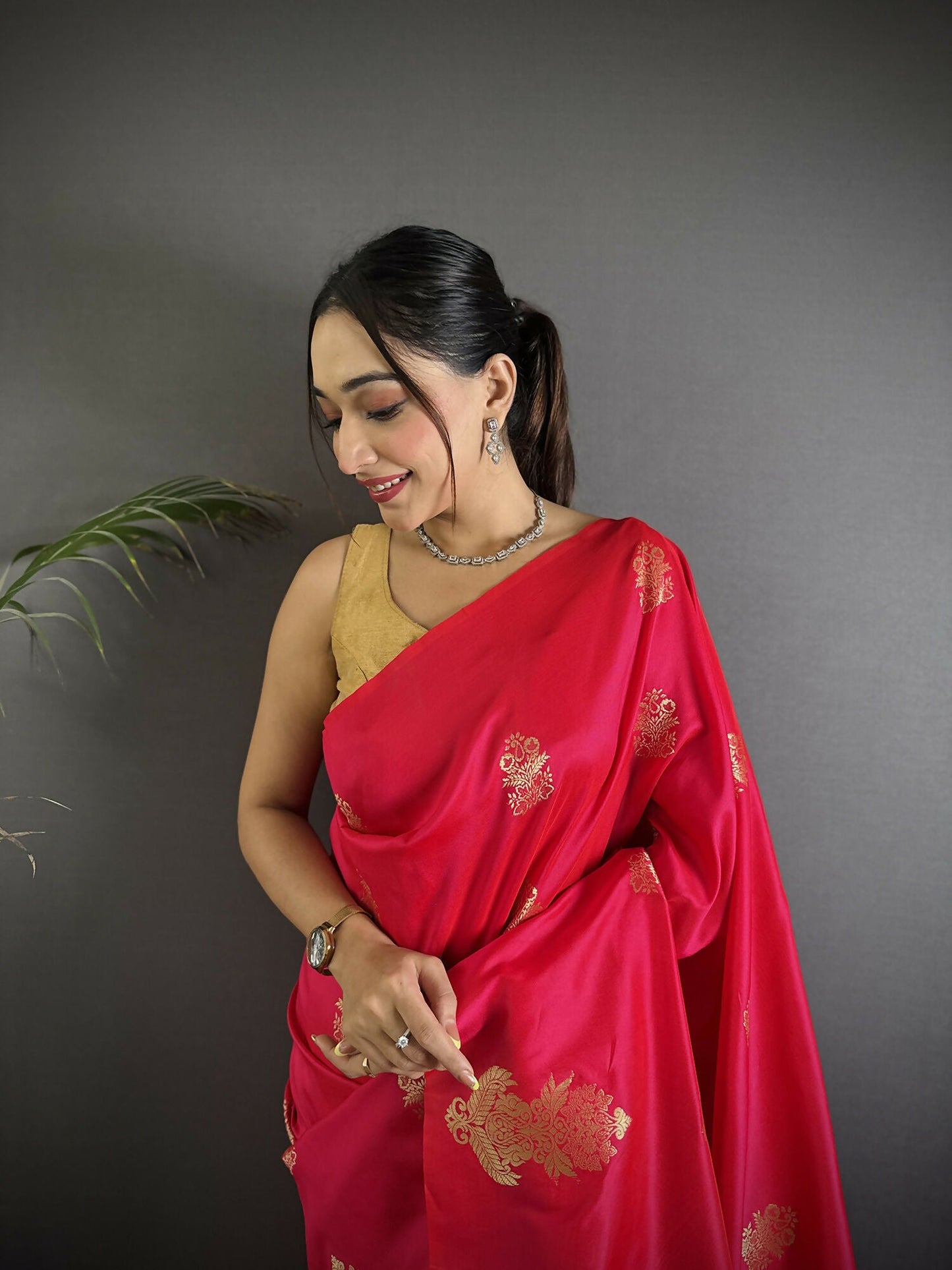 Joban Fashion Red Banarasi Lichi Silk Gold Zari Meena Saree