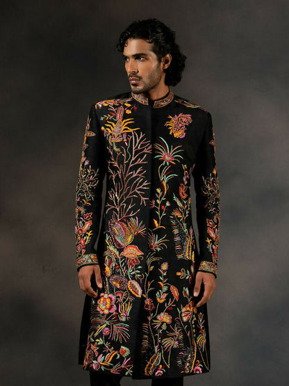 Black Tides Hand Embroidered Indowestern Sherwani by Hilo Design
