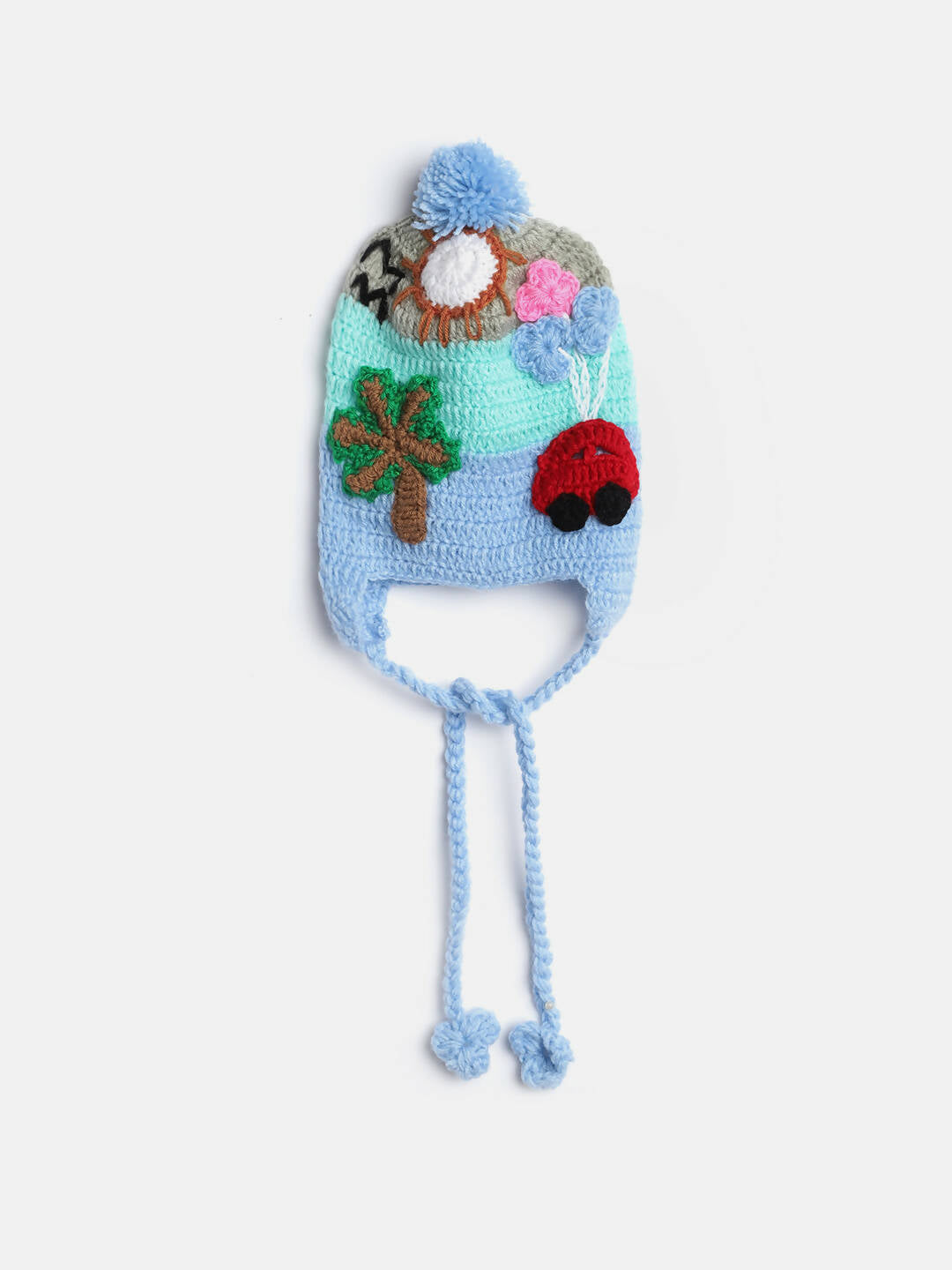Chutput Kids Woollen Hand Knitted Trip Scenery Bobble Detailed Cap - Blue