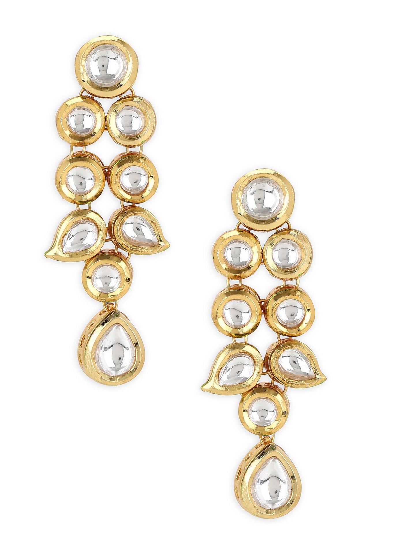 Gold-Toned White Kundan Contemporary Gold-Polished Drop Earrings - Ruby Raang