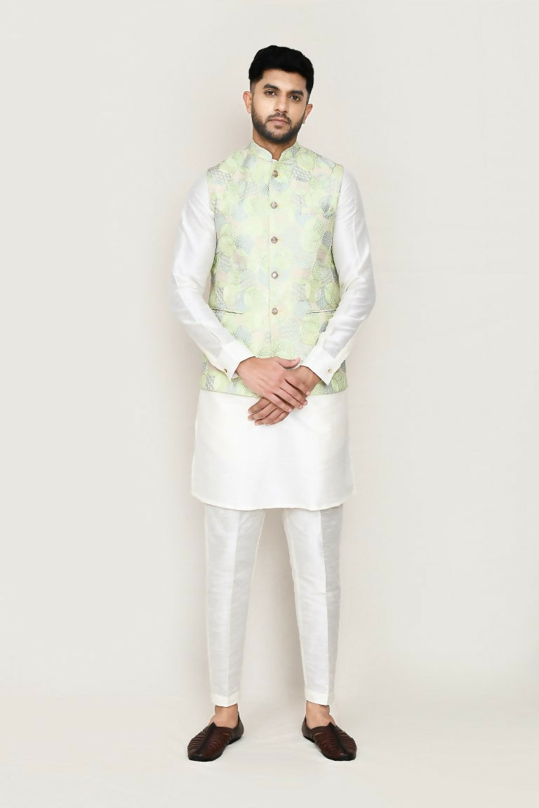 Joban Fashion Green Colored Art Silk Based Full Embroidered Work Men's Jacket