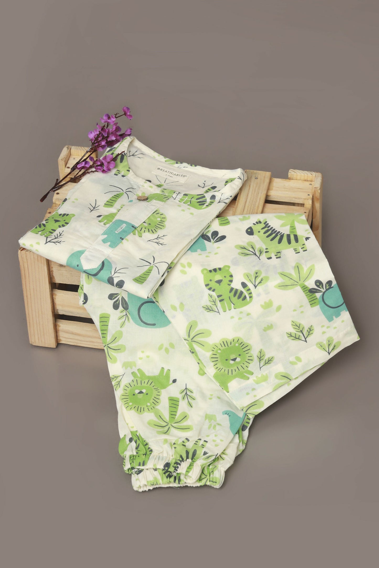 Breathables White Blue-Green Animal Cotton Nightsuit | Boys & Girls Kids