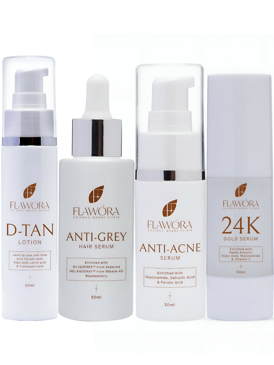 Flawora Set of D-Tan Lotion, Anti Acne Serum, Anti-Grey Hair Serum and Golden Glow Face Serum