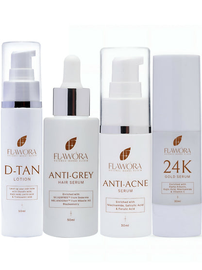 Flawora Set of D-Tan Lotion, Anti Acne Serum, Anti-Grey Hair Serum and Golden Glow Face Serum