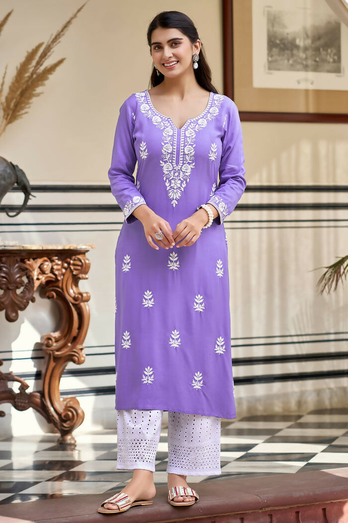 The52 Lavender Women's Gorgeous Chikankari work Pure Rayon Fabric Straight Kurta, Pant Set