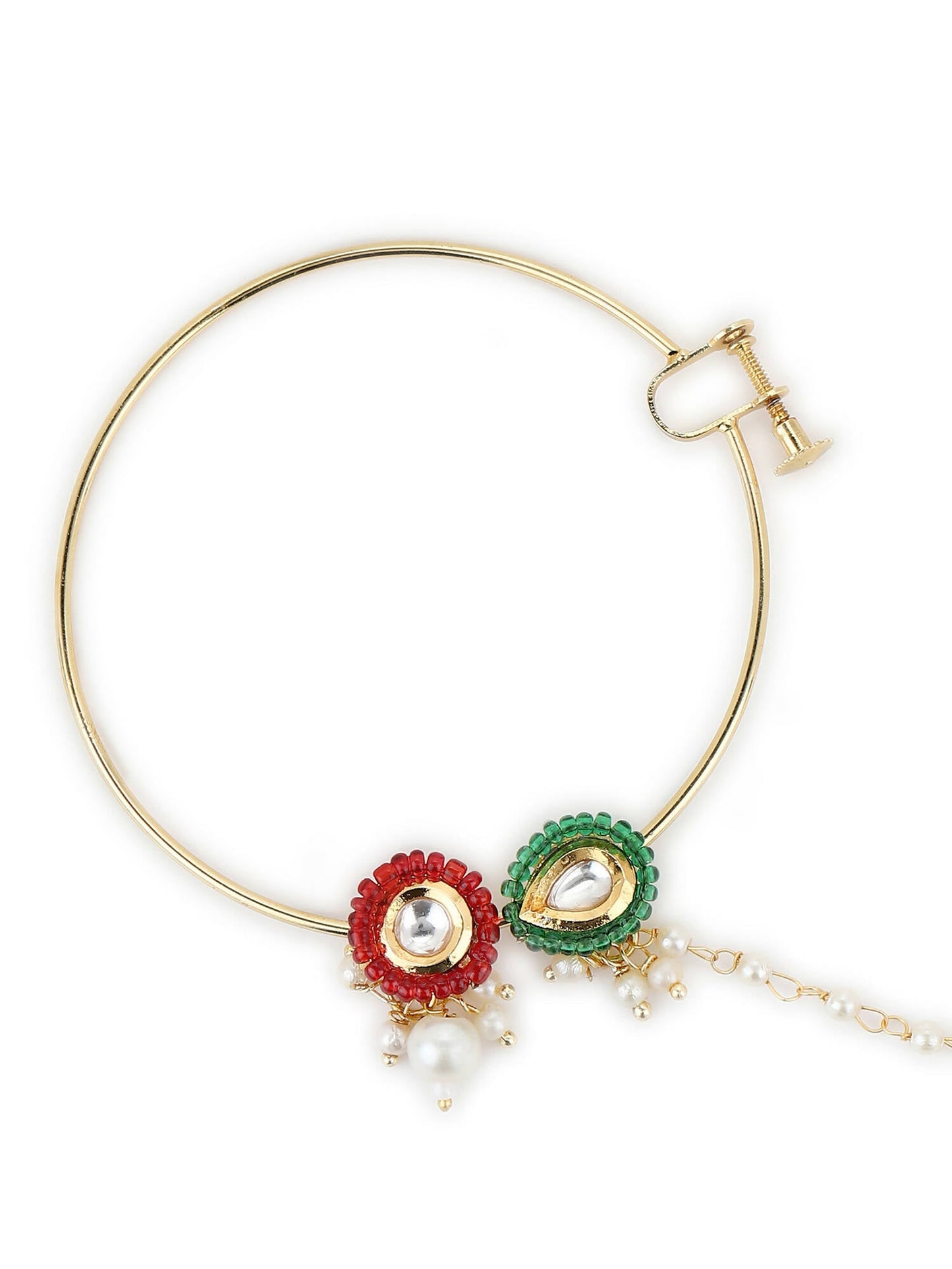 Gold-Polished White Red Stone-Studded Pearl Beaded Nosepin - Ruby Raang