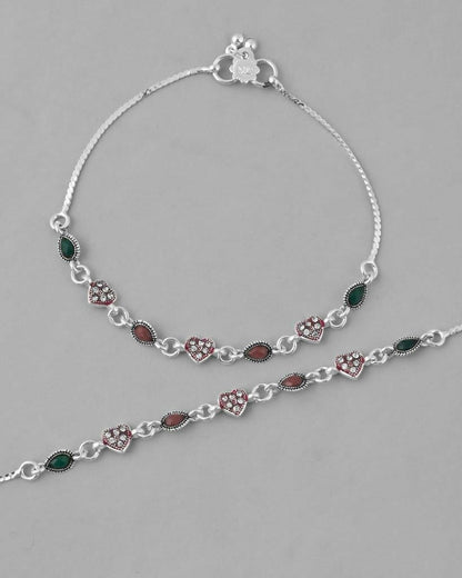 VOJ Set of 2 Silver Plated Heart Shaped Multi Color Anklet