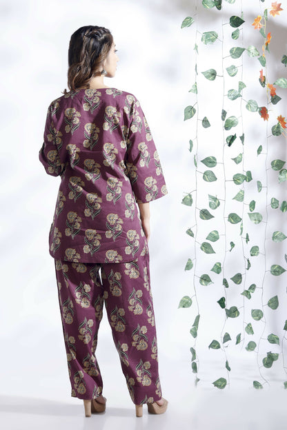 Breathables Wine Butta Cotton Co-Ord Set – Kurta With Straight Pants