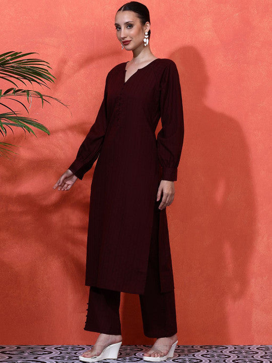 Sangria Striped Self Design Pure Cotton Straight Kurta & Trousers Sets