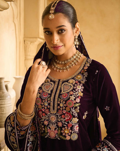 Anaita Wine Embroidered Velvet Stitched Plazo Suit