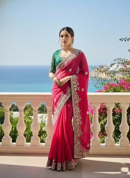 Teeya Creation New Stylish Party Wear Soft Fendy Chiffon Silk Saree-Pink
