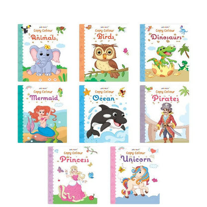 Jolly Kids Big Copy Colour Books Set of 8| Colouring Theme Animals, Flowers, Dinosaurs, Mermaid, Ocean, Pirates, Princess & Unicorn Ages 3-10 Years