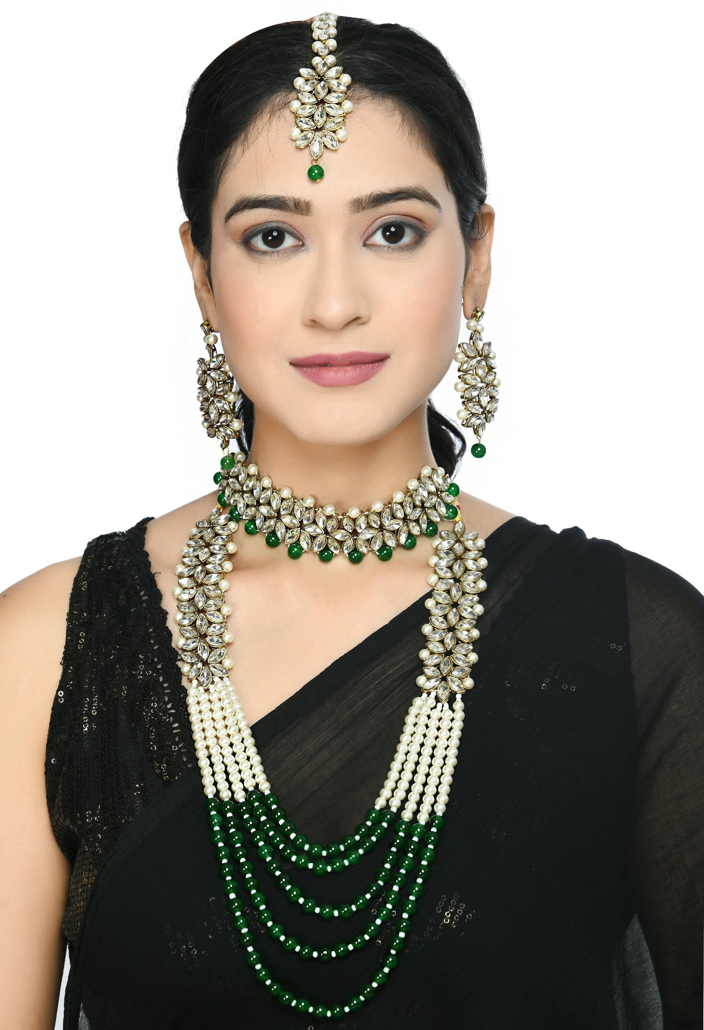 Mominos Fashion Johar Kamal Gold-Polished Rani Haar with Green and Off white Pearls Jewellery Set