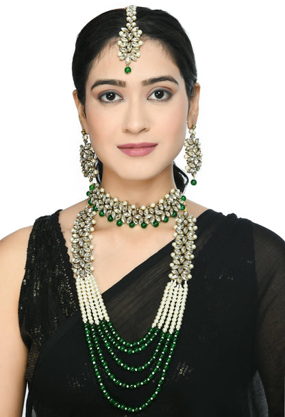 Mominos Fashion Johar Kamal Gold-Polished Rani Haar with Green and Off white Pearls Jewellery Set