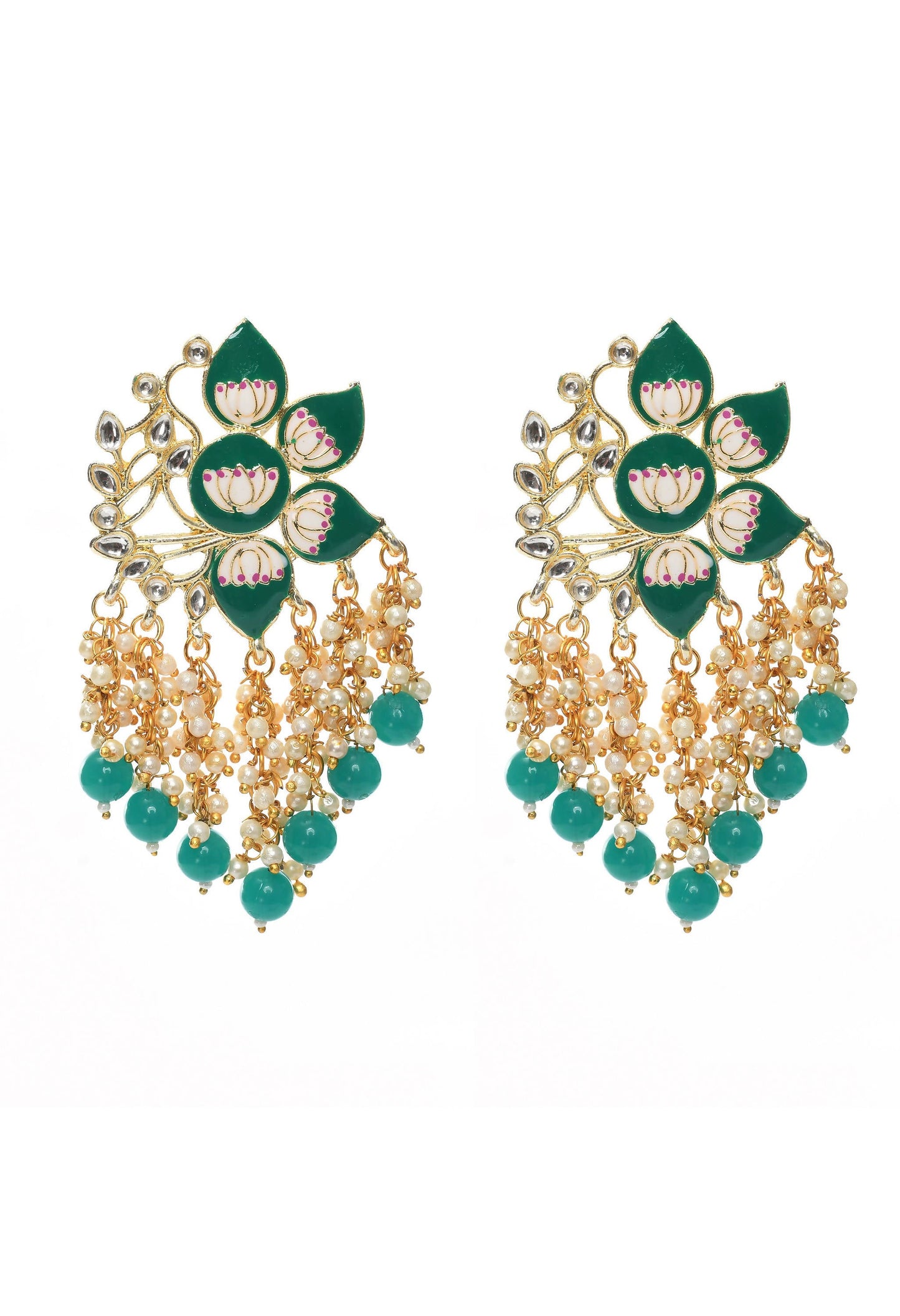 Mominos Fashion Johar Kamal Gold-Polished Kundan Green Meenakari Earrings