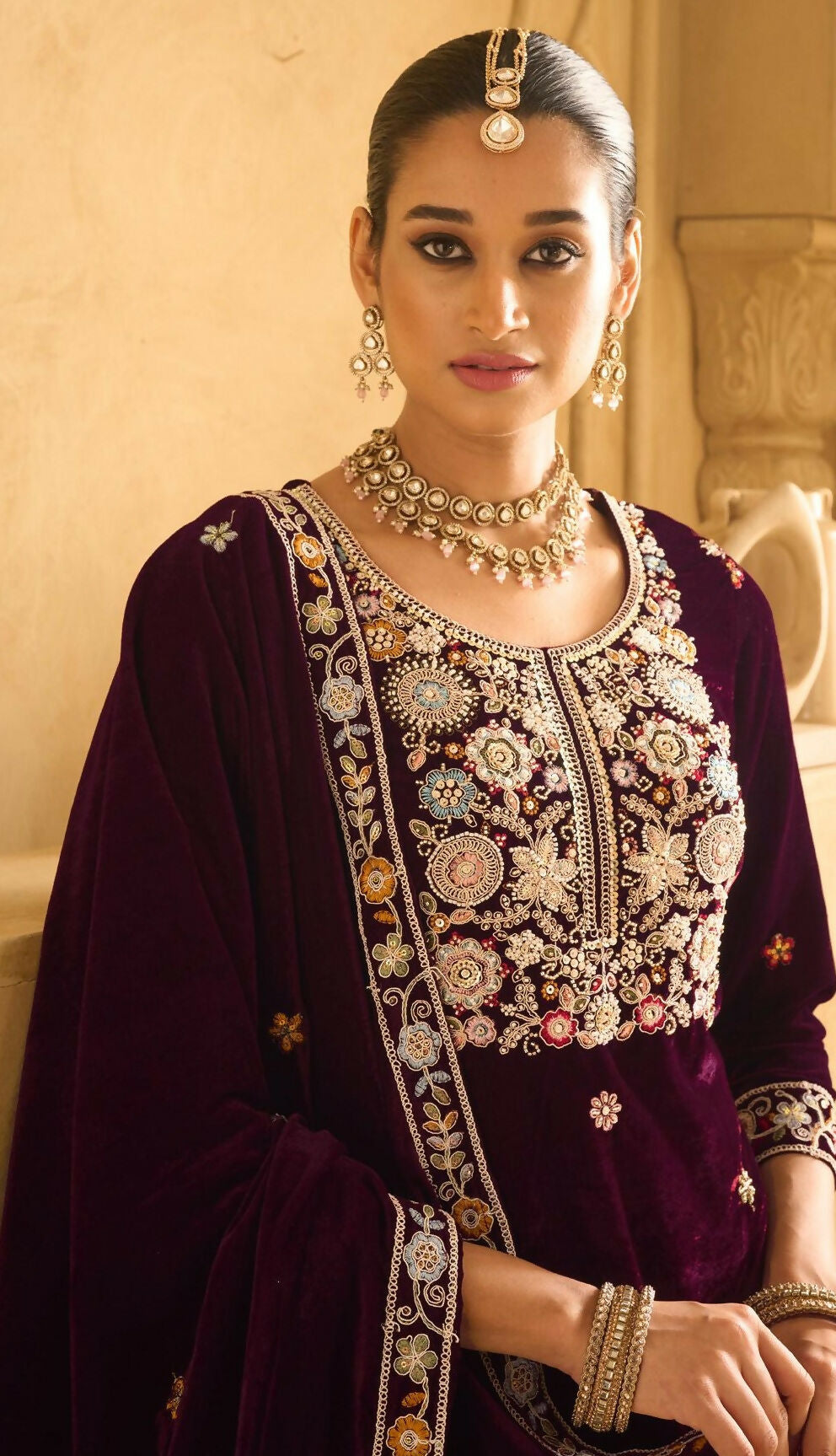 Anaita Maroon Embroidered Work Velvet Stitched Plazo Suit