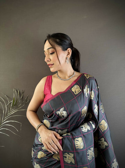Joban Fashion Grey Elephant Motif Soft Silk Banarasi silk Saree