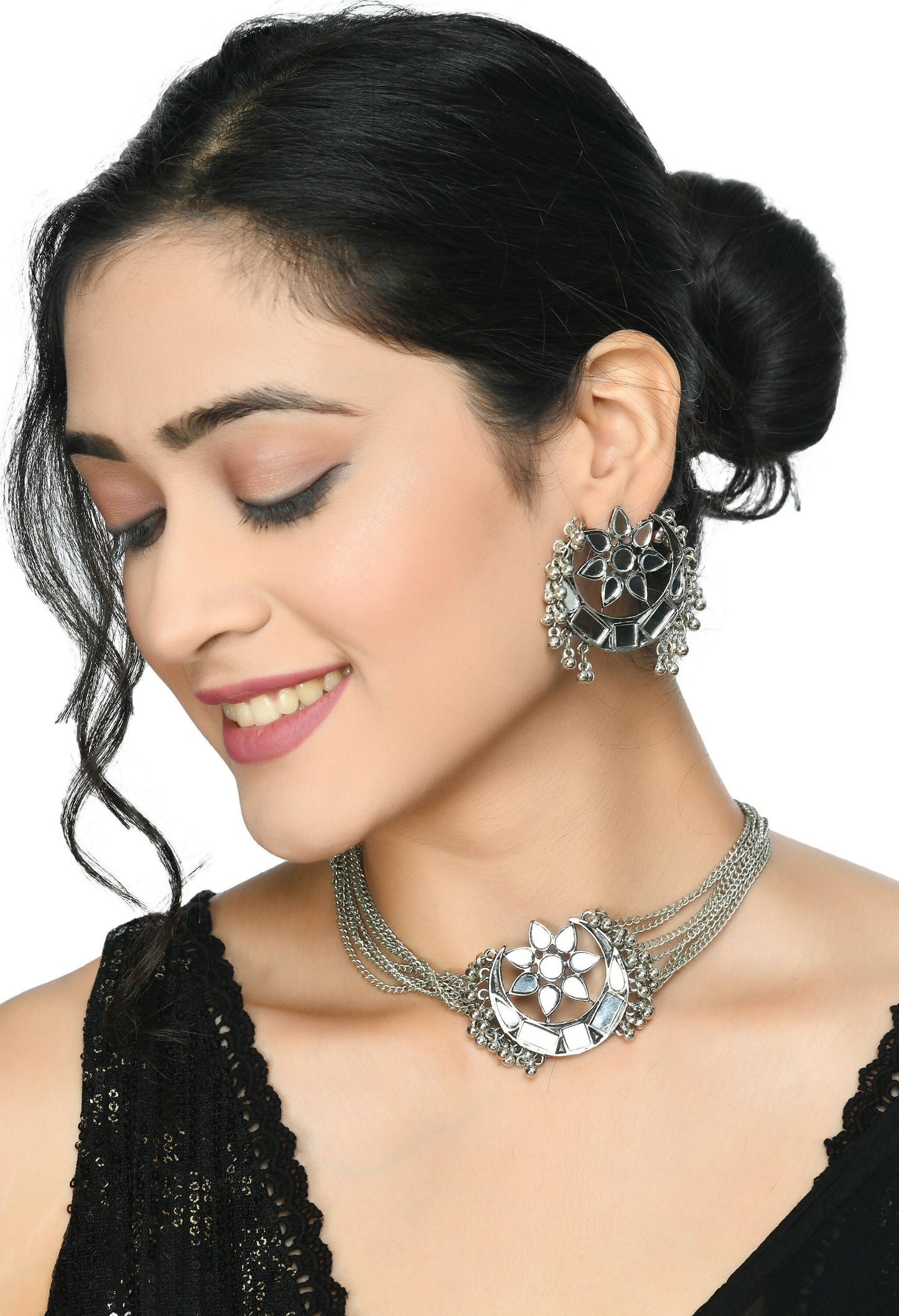 Mominos Fashion Johar Kamal Silver-Plated Brass Finish Mirror Work Choker For Women