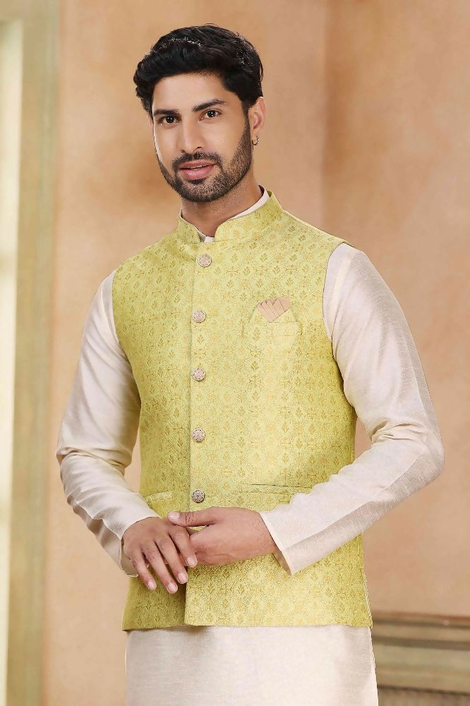 Raivat Ethnic Jacquard Banarasi Silk Woven Work 3 Pics Jacket Set In Lemon Colour