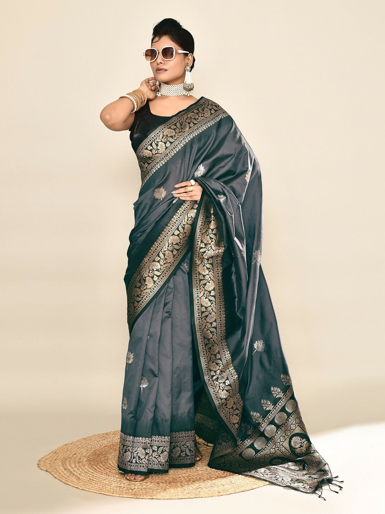 Joban Fashion Grey & Black Plain With Weaving Border Banarasi Silk Sarees