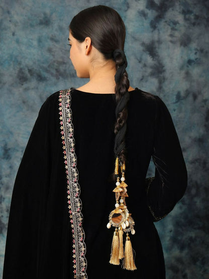 Ruby Raang Gold Gota Pati Work And Threads With Pearls And Black Thread And Mirrors