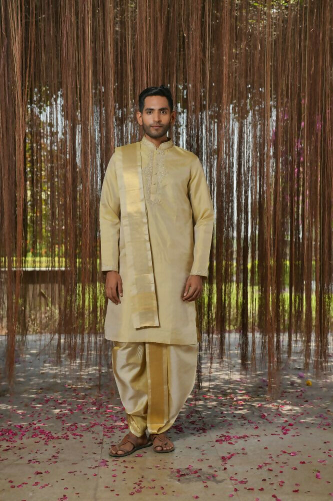 Olive Kanjivaram Machien Embroidered Pattu Set by Hilo Design