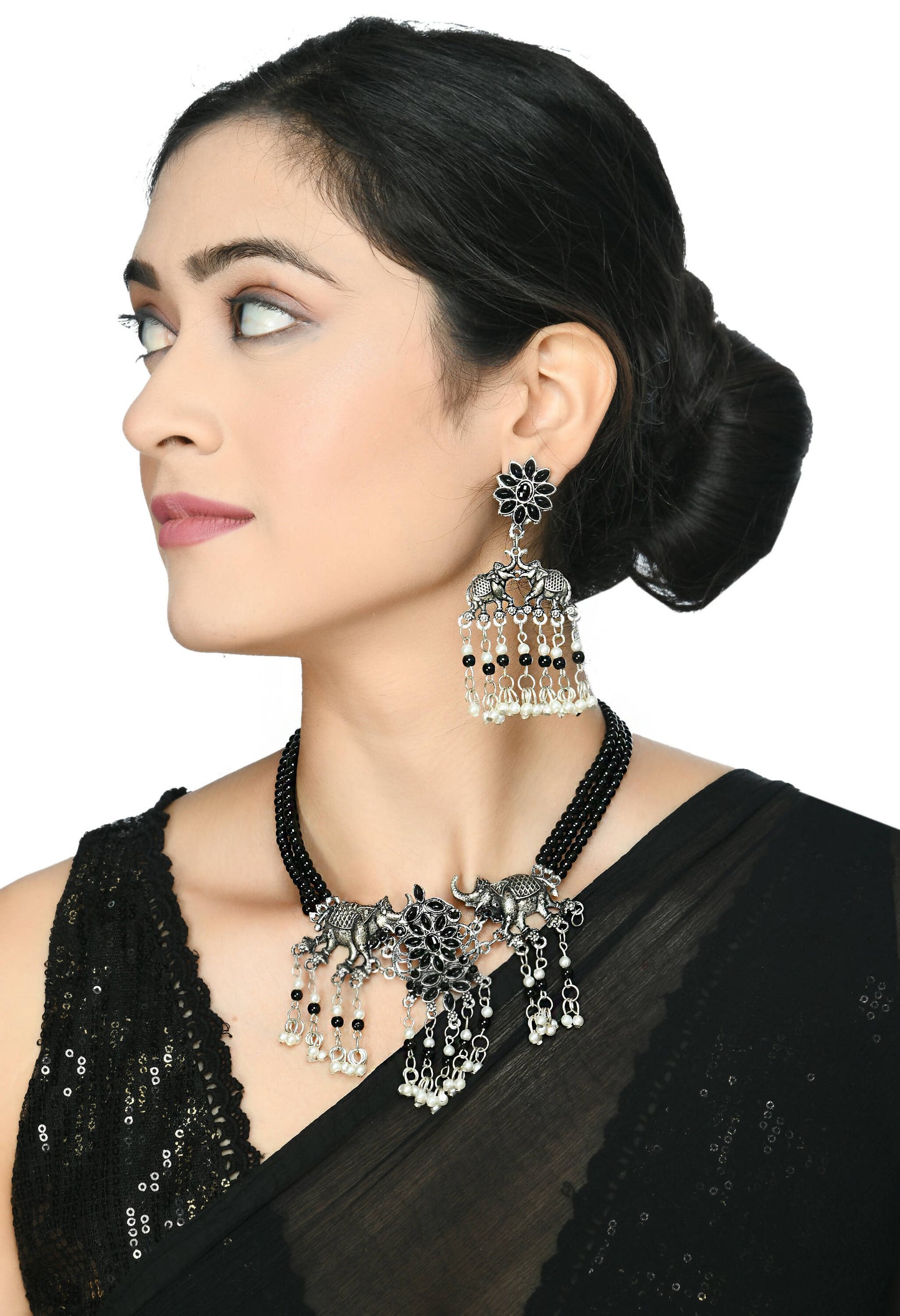 Mominos Fashion Johar Kamal Silver-Plated Brass Finish Elephant Desgin Choker For Women (Black)
