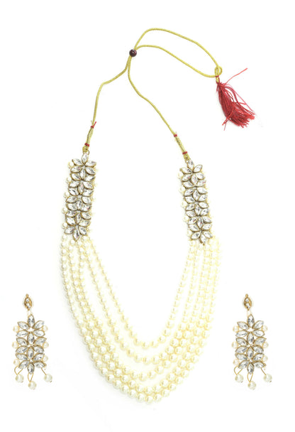 Mominos Fashion Johar Kamal Gold-Polished Rani Haar with White and Off white Pearls Jewellery Set
