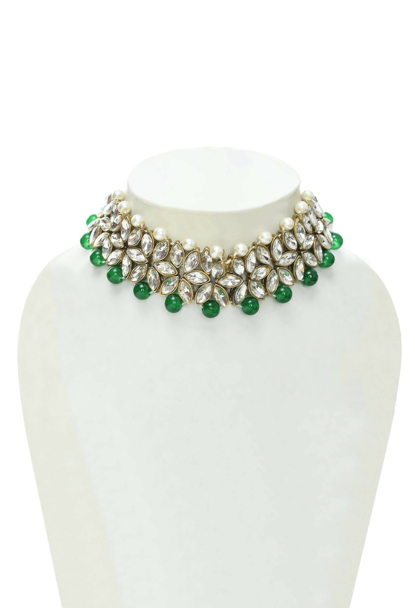 Mominos Fashion Johar Kamal Gold-Polished Rani Haar with Green and Off white Pearls Jewellery Set