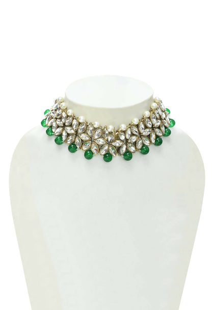 Mominos Fashion Johar Kamal Gold-Polished Rani Haar with Green and Off white Pearls Jewellery Set