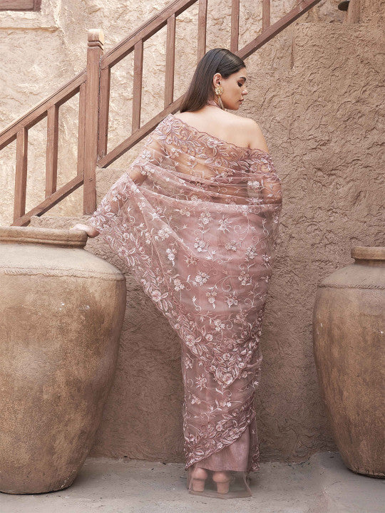 Tikhi Imli Floral Embroidered Net Saree With Scalloped Border