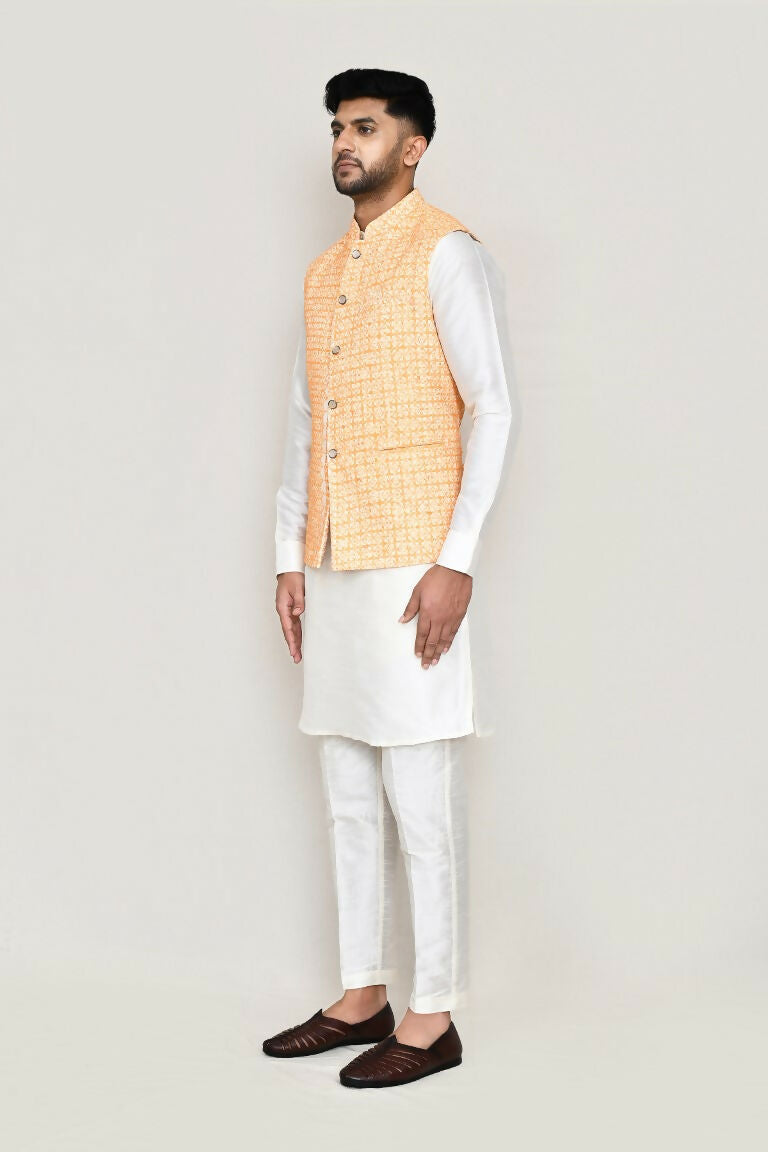 Joban Fashion White Colored Art Silk Fabric Kurta, Jacket With Straight Fit Pant